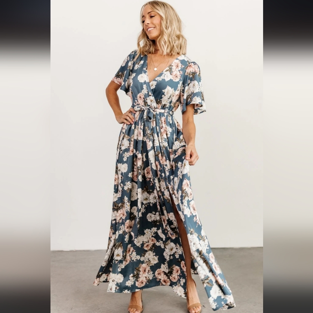 Baltic Born - Sicily Satin Maxi Dress - Blue Floral - Size Small